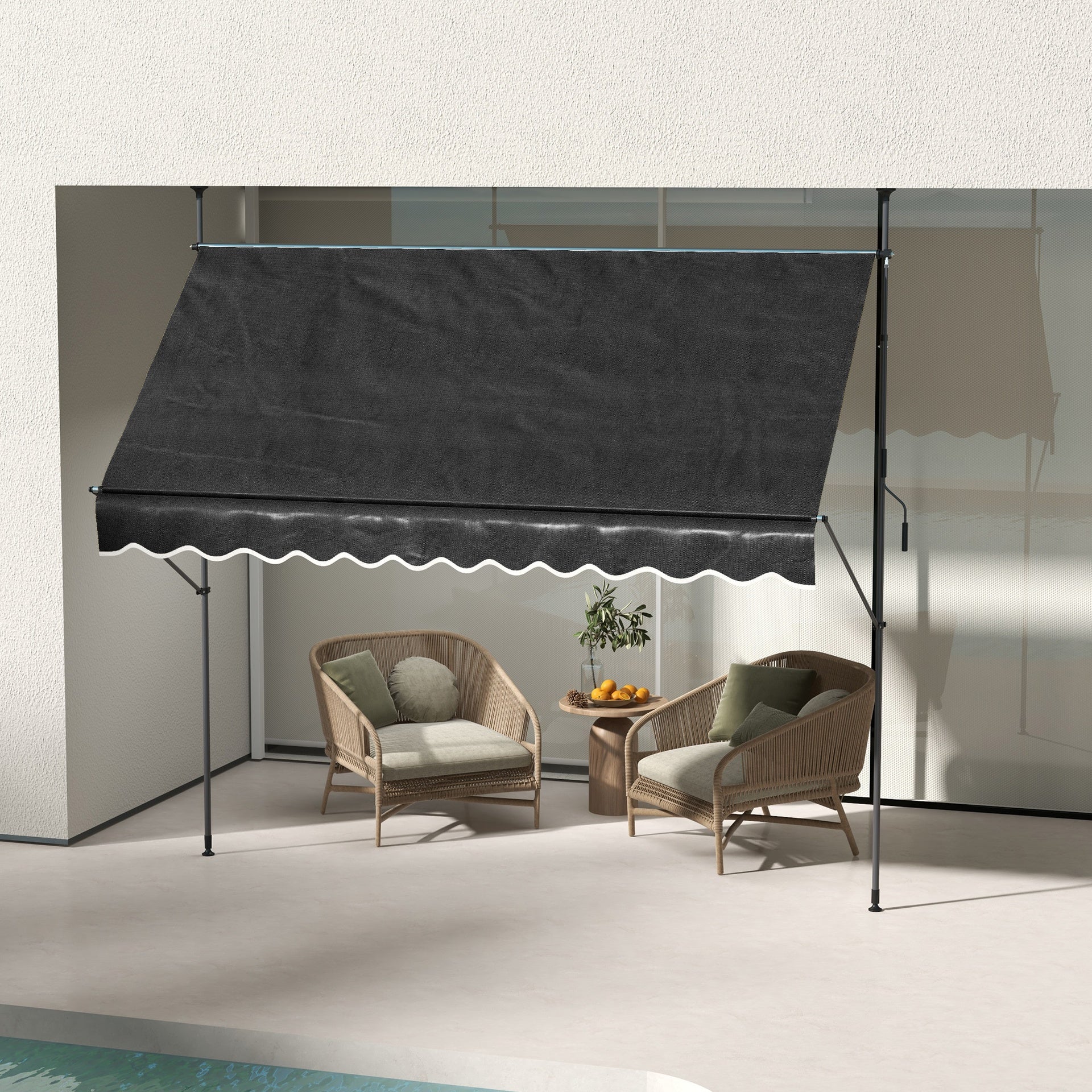 Outsunny Manual Retractable Awning, 118" Non-Screw Freestanding Patio Sun Shade Shelter with Support Pole Stand and UV Resistant Fabric, for Window, Door, Porch, Deck, Black