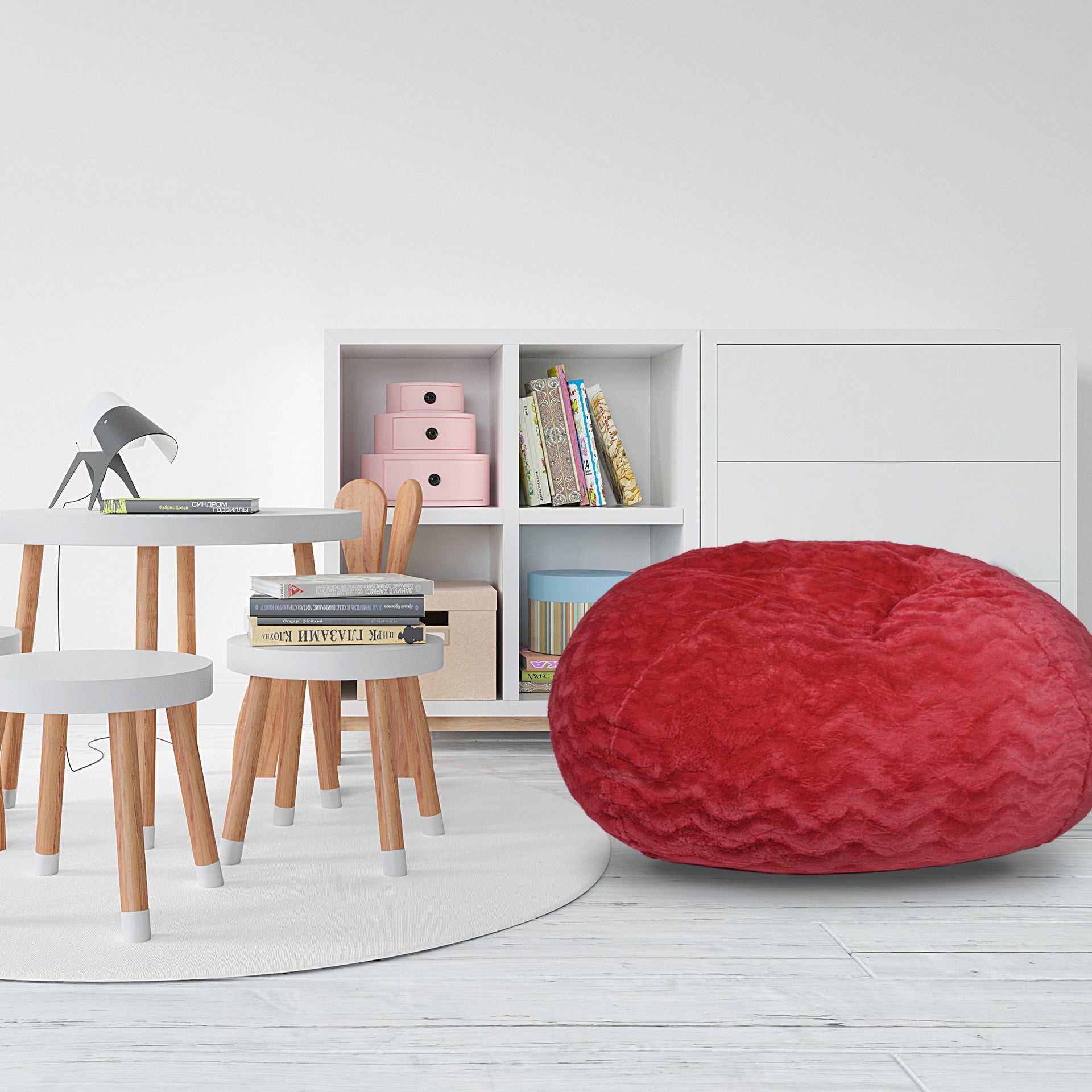 Faux Fur Bean Bag Chair, Red-3ft Cozy and Stretchable Fabric Lounger for Children and Adults with Easy-Clean Cover, Comfortable Faux Fur Seating for Bedrooms, Filled with Shredded and Memory Foam.