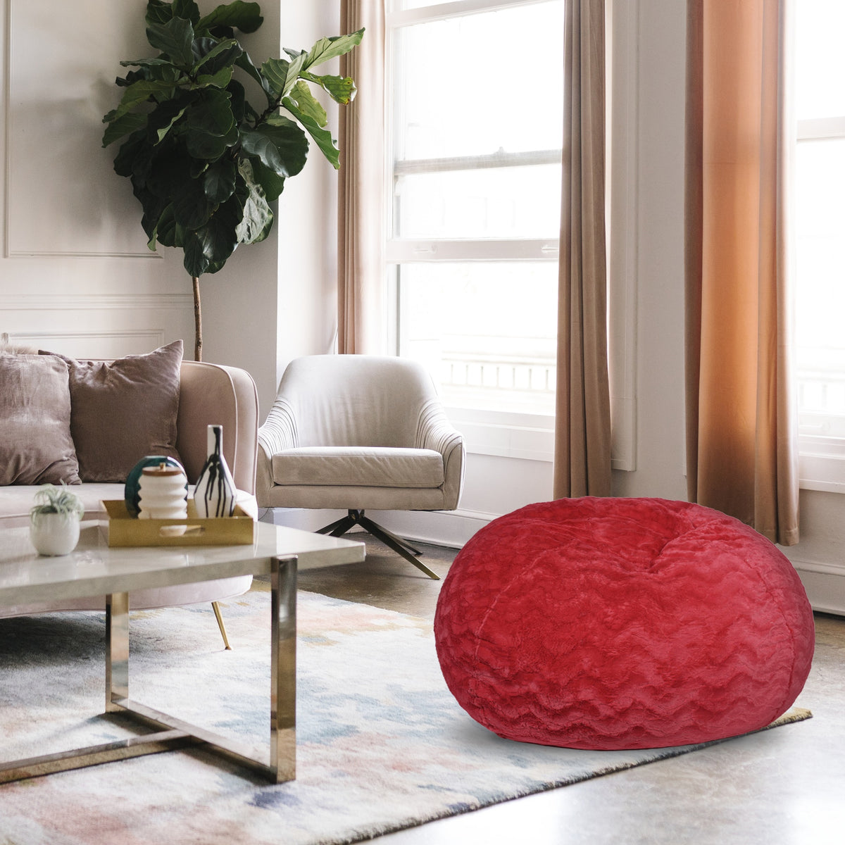 Faux Fur Bean Bag Chair, Red-3ft Cozy and Stretchable Fabric Lounger for Children and Adults with Easy-Clean Cover, Comfortable Faux Fur Seating for Bedrooms, Filled with Shredded and Memory Foam.