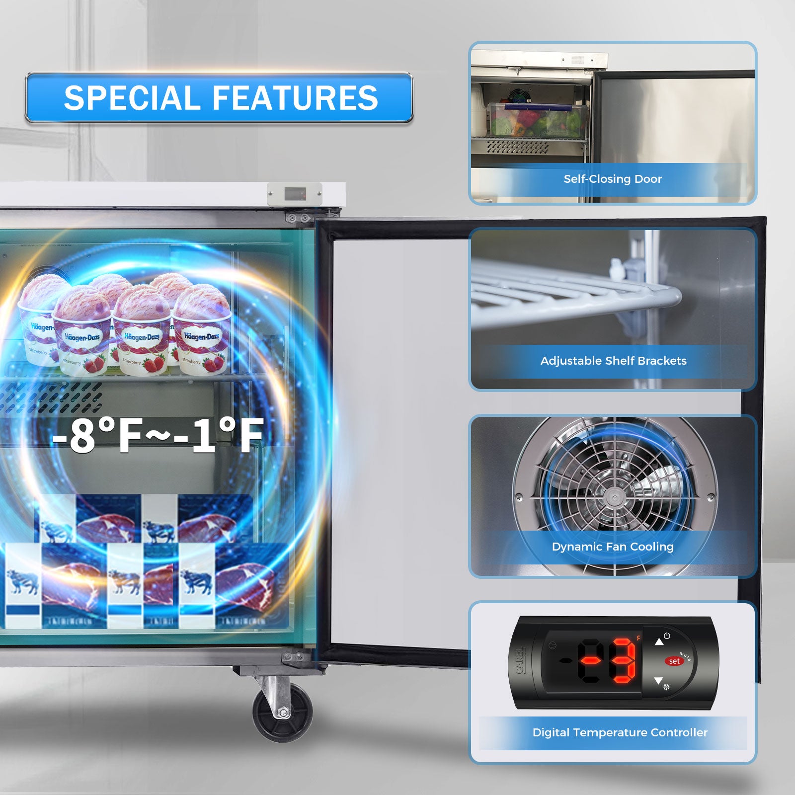 ORIKOOL 48" Commercial Under Counter Freezer 2 Door 14.1 Cu.ft Undercounter Work Top Freezers ETL Approved