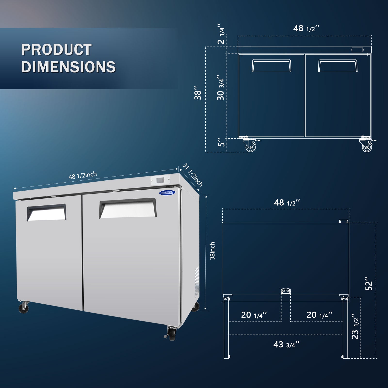 ORIKOOL 48" Commercial Under Counter Freezer 2 Door 14.1 Cu.ft Undercounter Work Top Freezers ETL Approved