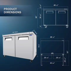 ORIKOOL 48" Commercial Under Counter Freezer 2 Door 14.1 Cu.ft Undercounter Work Top Freezers ETL Approved