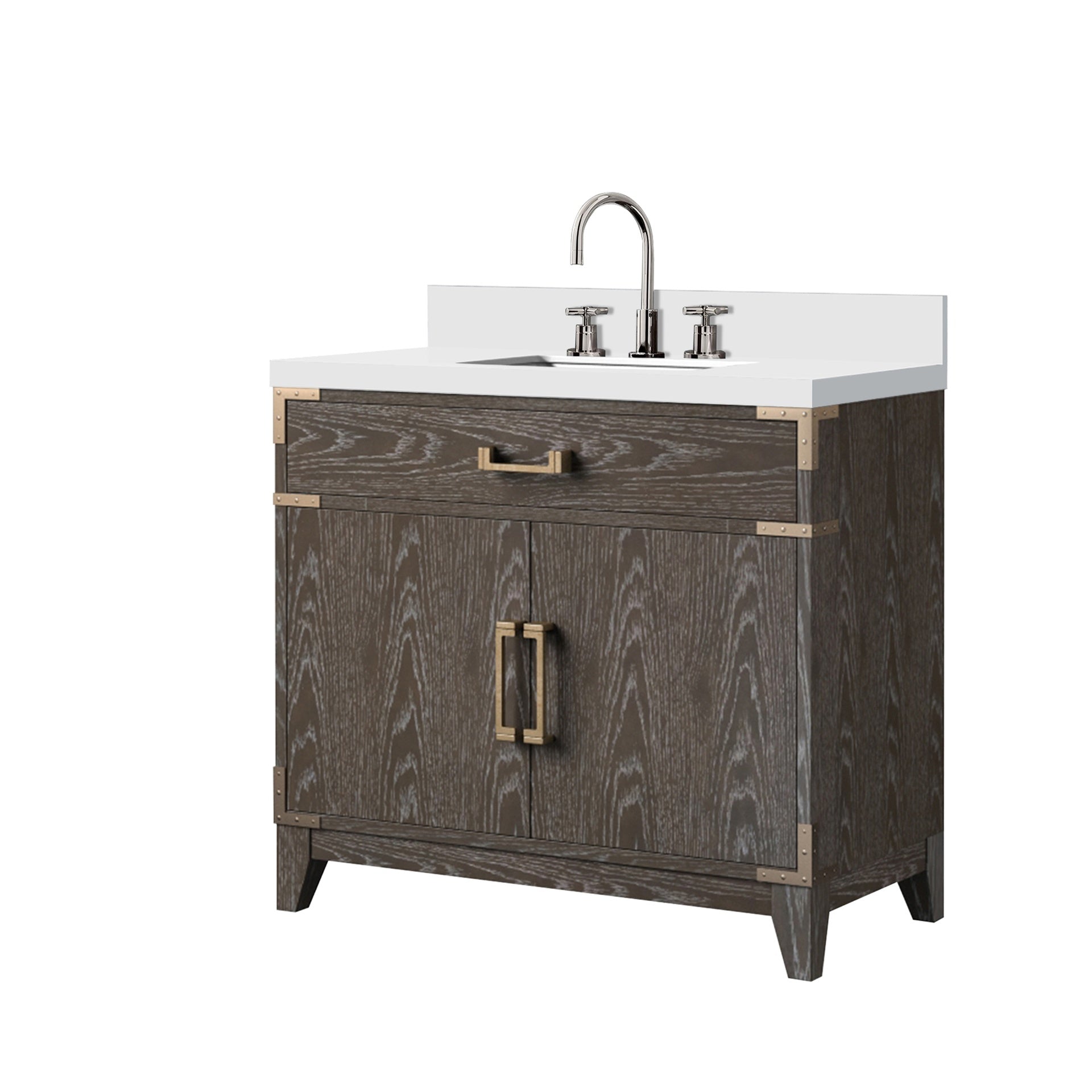 Brown Oak Single Bath Vanity 36 in. W x 22 in. D, White Quartz Top, and Faucet Set