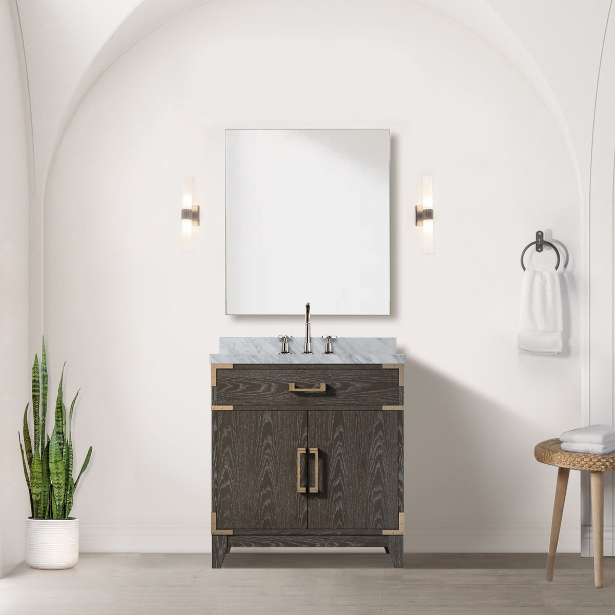 Brown Oak Single Bath Vanity 30 in. W x 22 in. D, with Carrara Marble Top