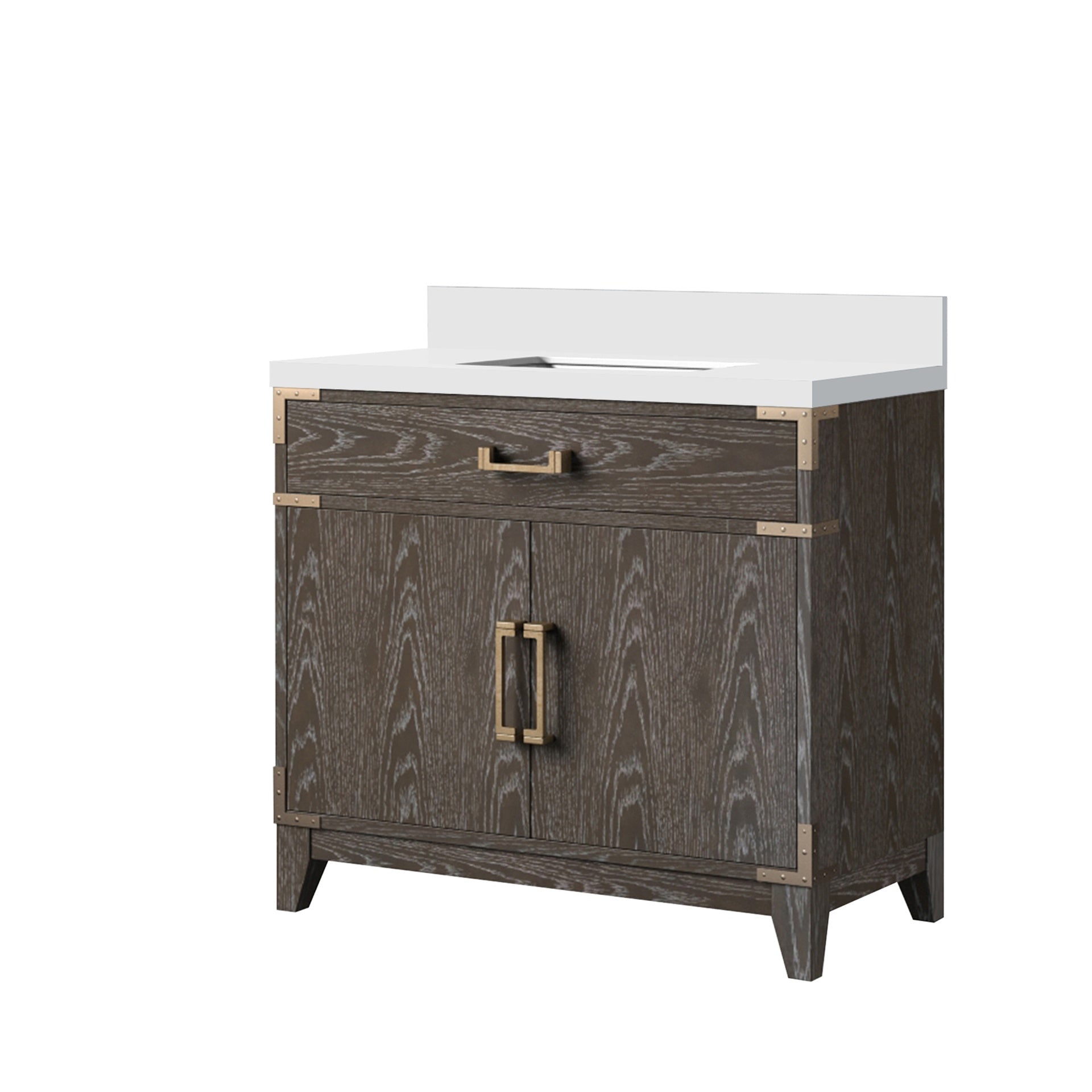 Brown Oak Single Bath Vanity 36 in. W x 22 in. D, with White Quartz Top