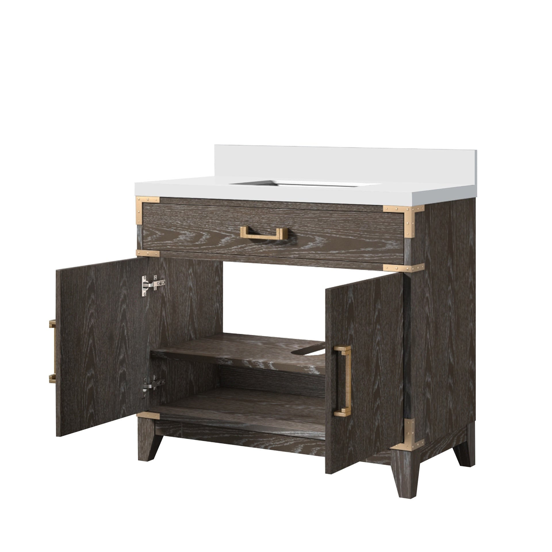 Brown Oak Single Bath Vanity 36 in. W x 22 in. D, with White Quartz Top