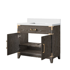Brown Oak Single Bath Vanity 36 in. W x 22 in. D, with White Quartz Top
