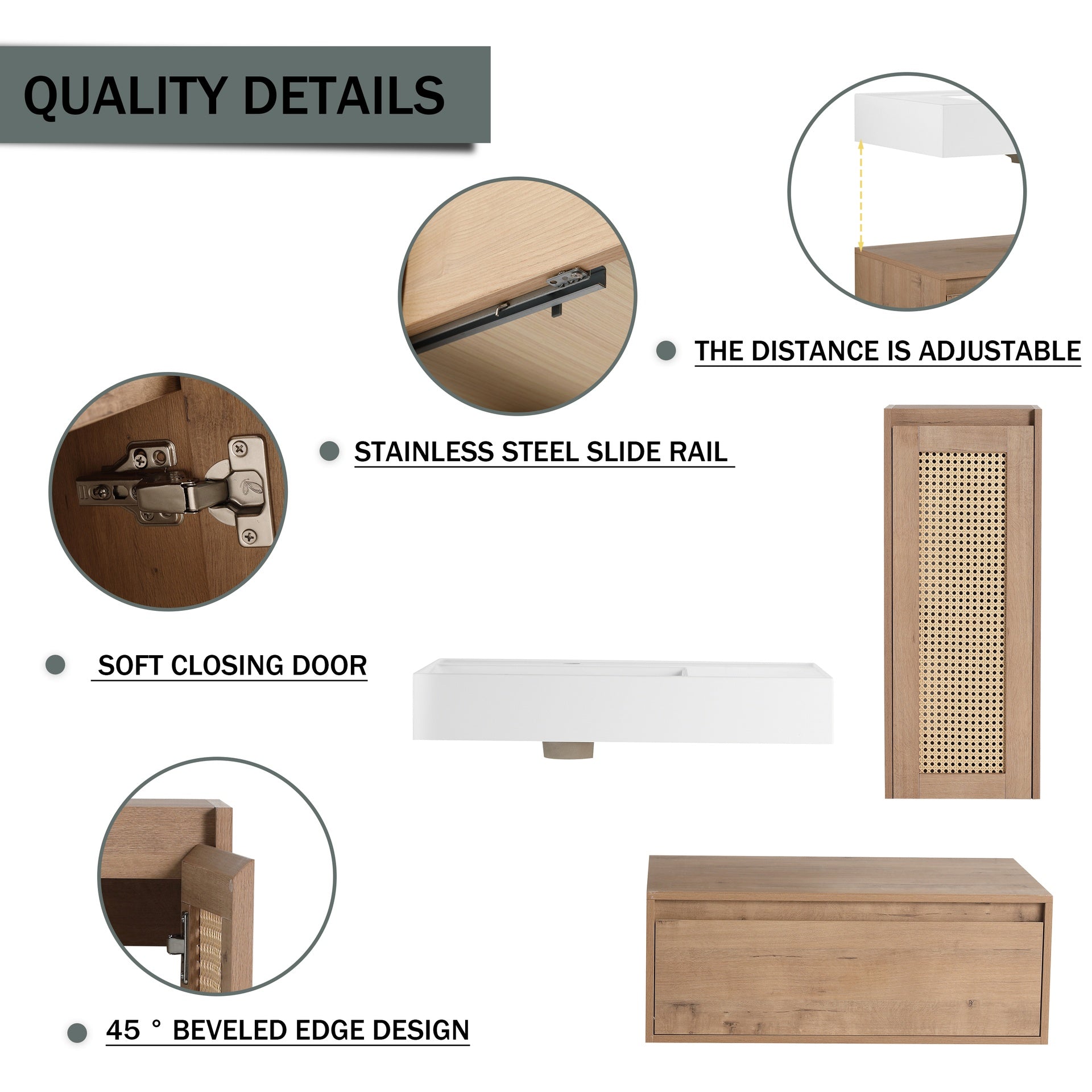 30 inch Wall-Mounted Bathroom  Vanity with Resin Sink and Side Cabinet,Soft Close Drawer (KD-Packing), 09430IMO-30L-SC00512IMO Combination Cabinet