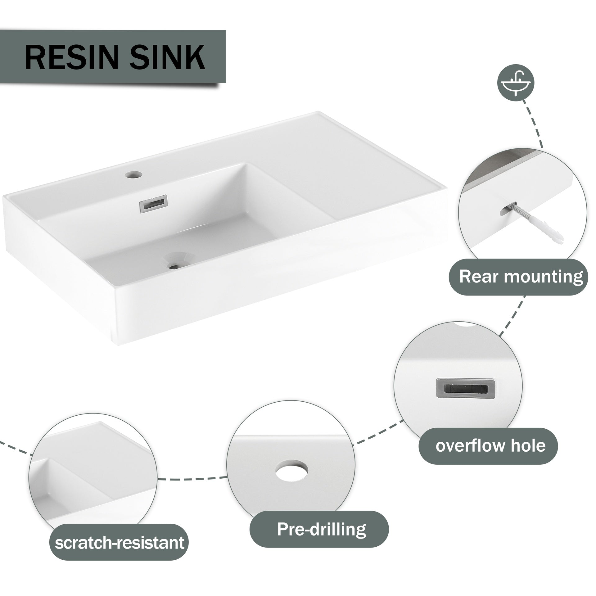 30 inch Wall-Mounted Bathroom  Vanity with Resin Sink and Side Cabinet,Soft Close Drawer (KD-Packing), 09430IMO-30L-SC00512IMO Combination Cabinet