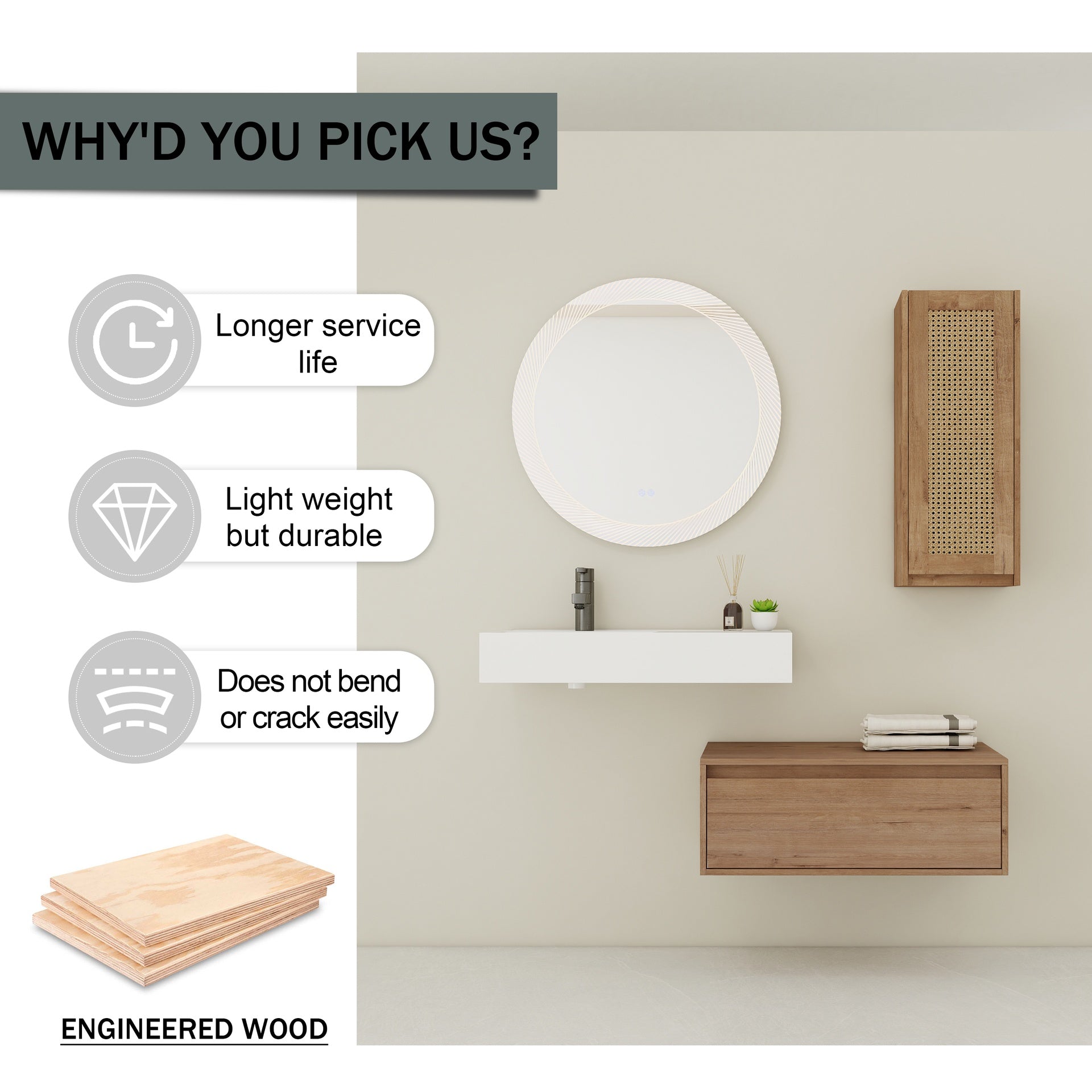 30 inch Wall-Mounted Bathroom  Vanity with Resin Sink and Side Cabinet,Soft Close Drawer (KD-Packing), 09430IMO-30L-SC00512IMO Combination Cabinet