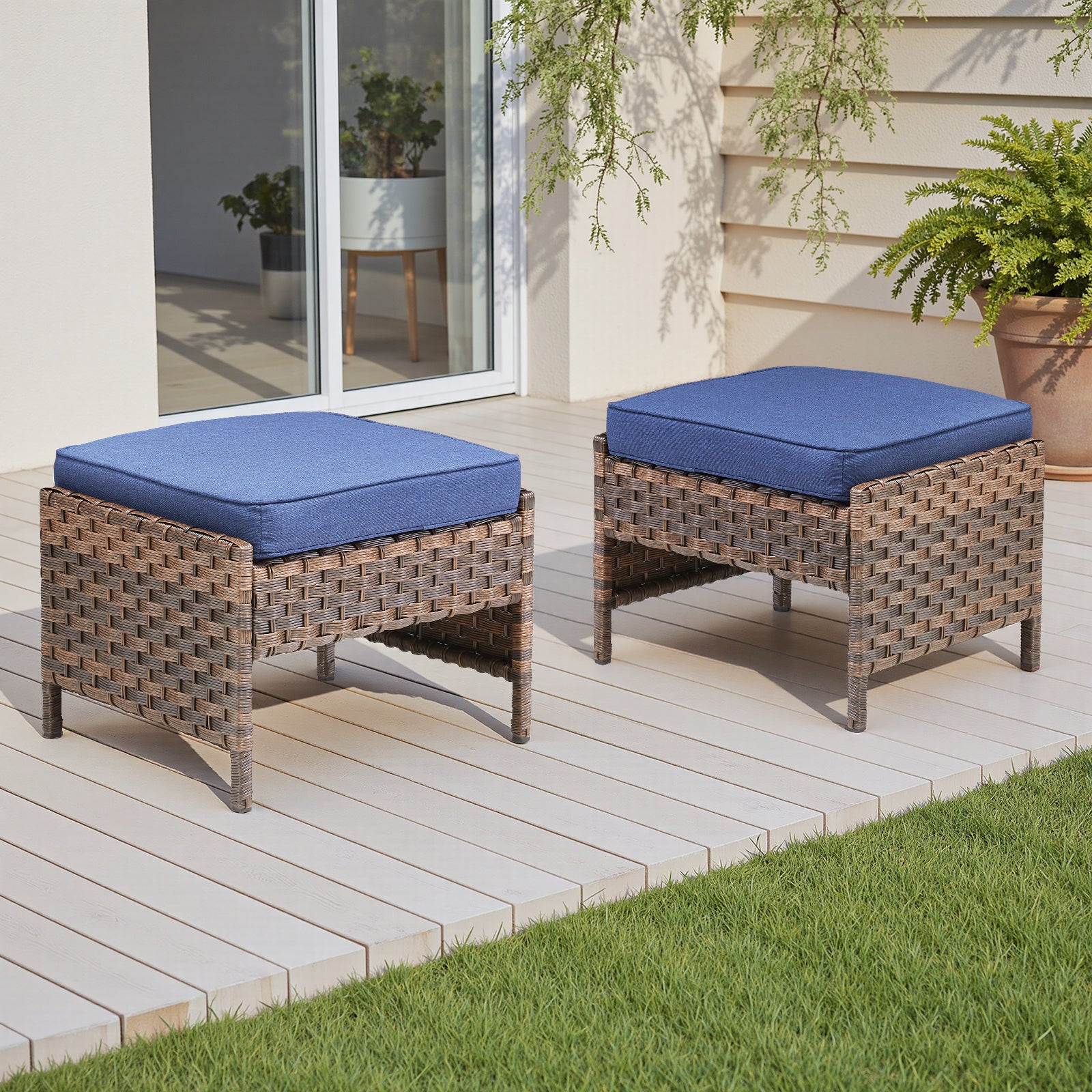 Outdoor PE Wicker Ottomans Set of 2, Patio Brown Rattan Footrests with Blue Cushion for Backyard or Deck