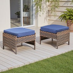 Outdoor PE Wicker Ottomans Set of 2, Patio Brown Rattan Footrests with Blue Cushion for Backyard or Deck