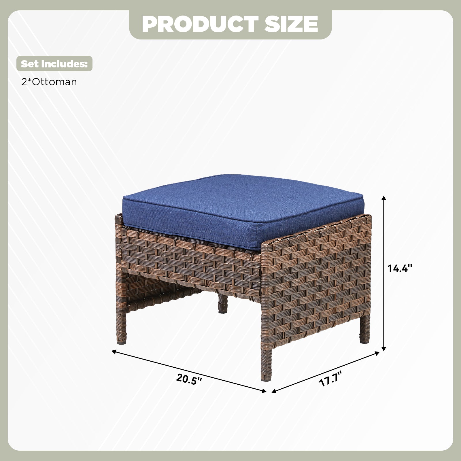 Outdoor PE Wicker Ottomans Set of 2, Patio Brown Rattan Footrests with Blue Cushion for Backyard or Deck