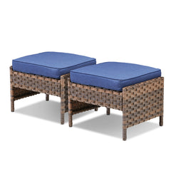 Outdoor PE Wicker Ottomans Set of 2, Patio Brown Rattan Footrests with Blue Cushion for Backyard or Deck