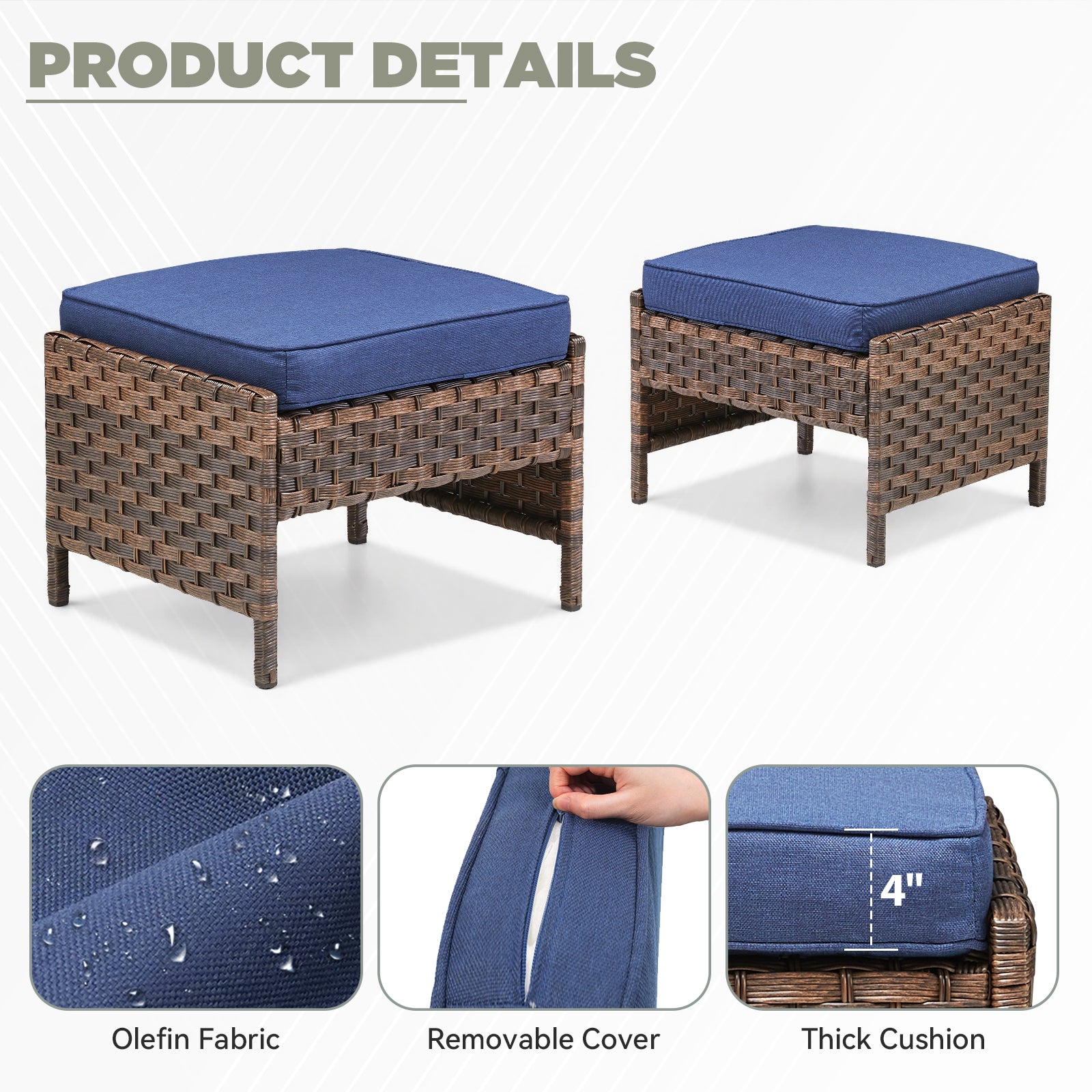 Outdoor PE Wicker Ottomans Set of 2, Patio Brown Rattan Footrests with Blue Cushion for Backyard or Deck