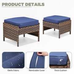 Outdoor PE Wicker Ottomans Set of 2, Patio Brown Rattan Footrests with Blue Cushion for Backyard or Deck