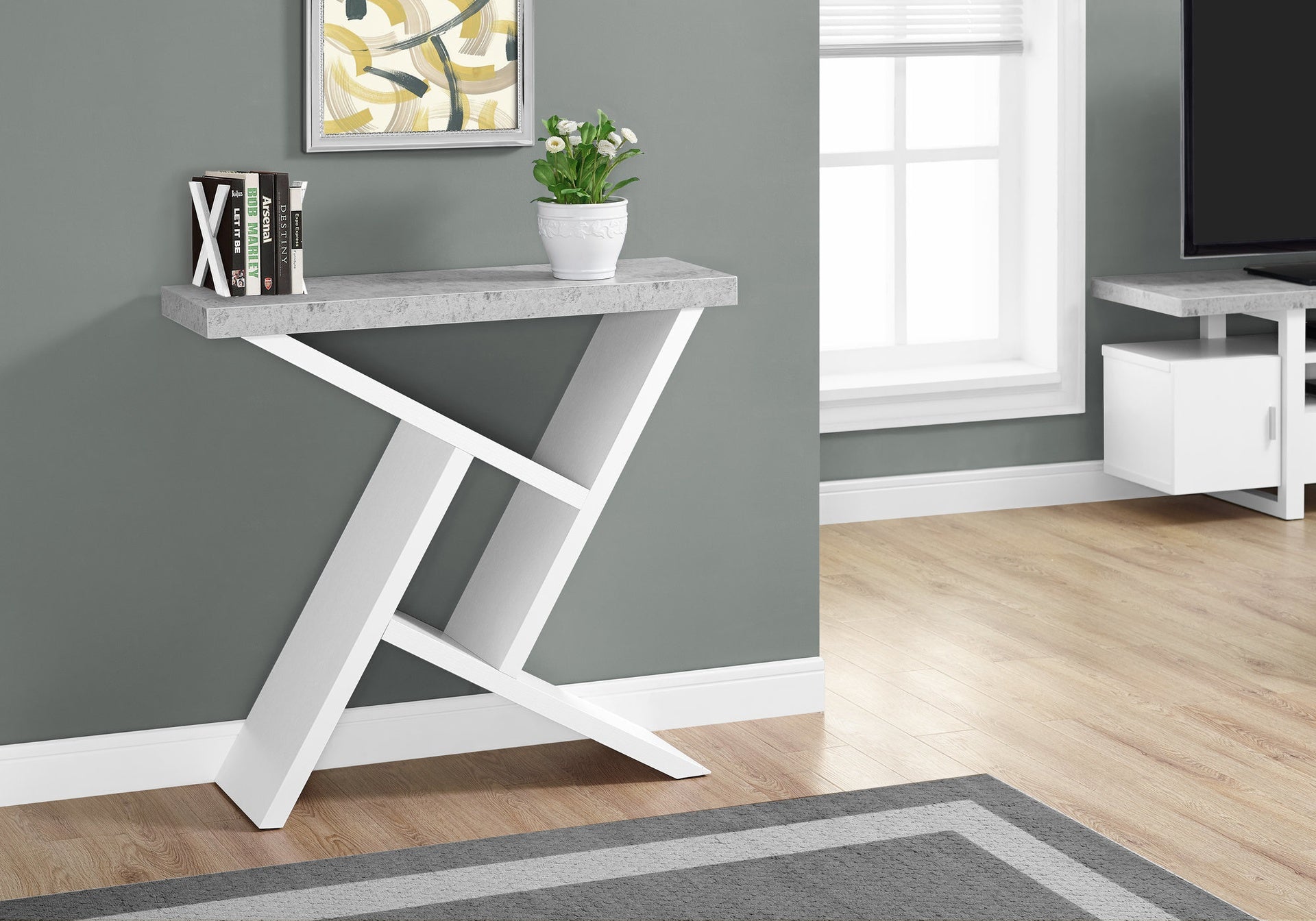 Accent Table, Console, Entryway, Narrow, Sofa, Living Room, Bedroom, Grey And White Laminate, Contemporary, Modern