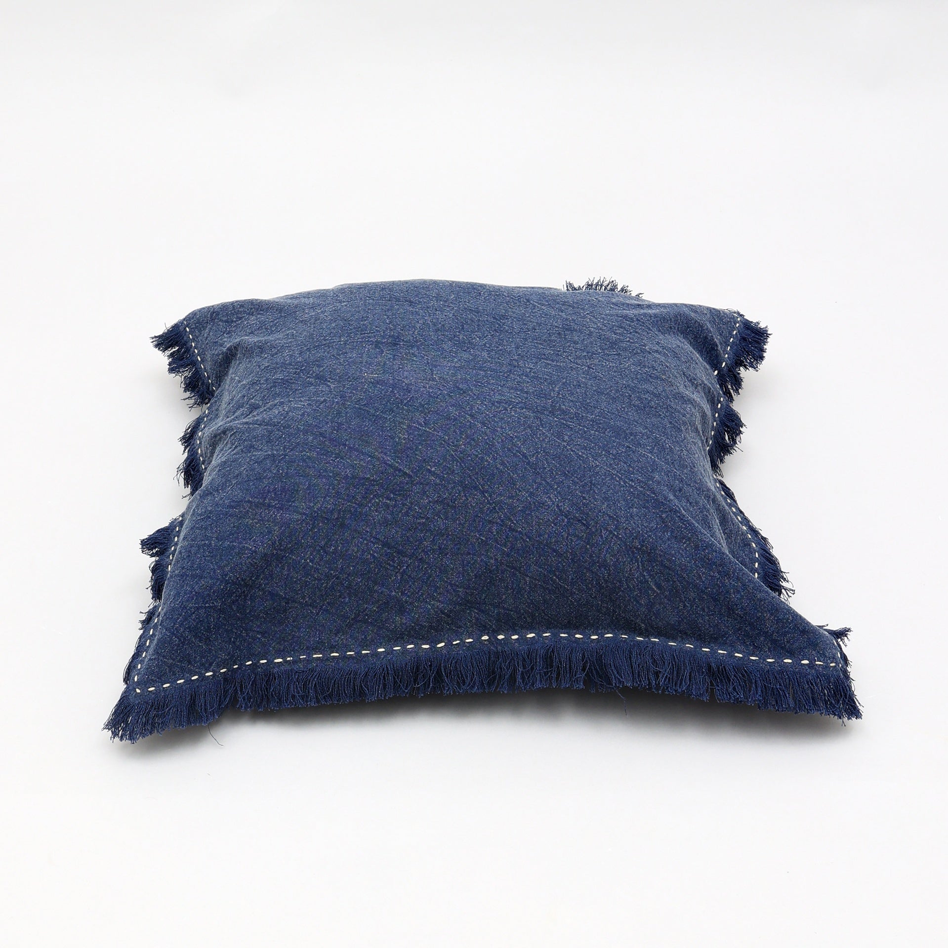 Stonewashed Linen Throw Pillow with Handworked Edges & Fringe -22X22"