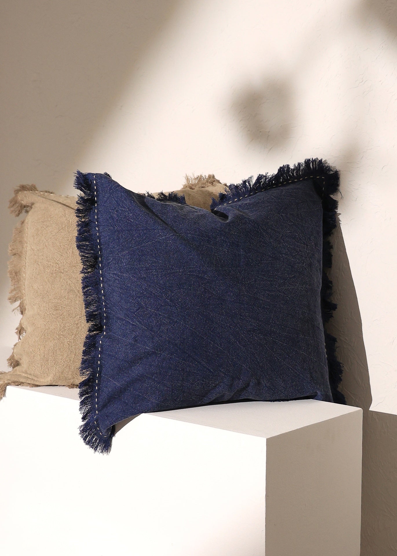 Stonewashed Linen Throw Pillow with Handworked Edges & Fringe -22X22"