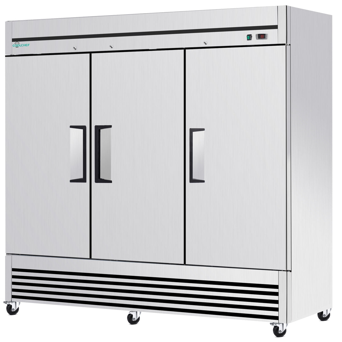 72" Cu Ft Commercial Reach-In Freezer, 3 Solid Door Stainless Steel Upright, -8–0°F Deep Freeze, 9 Heavy-Duty Shelves, R290, 110V