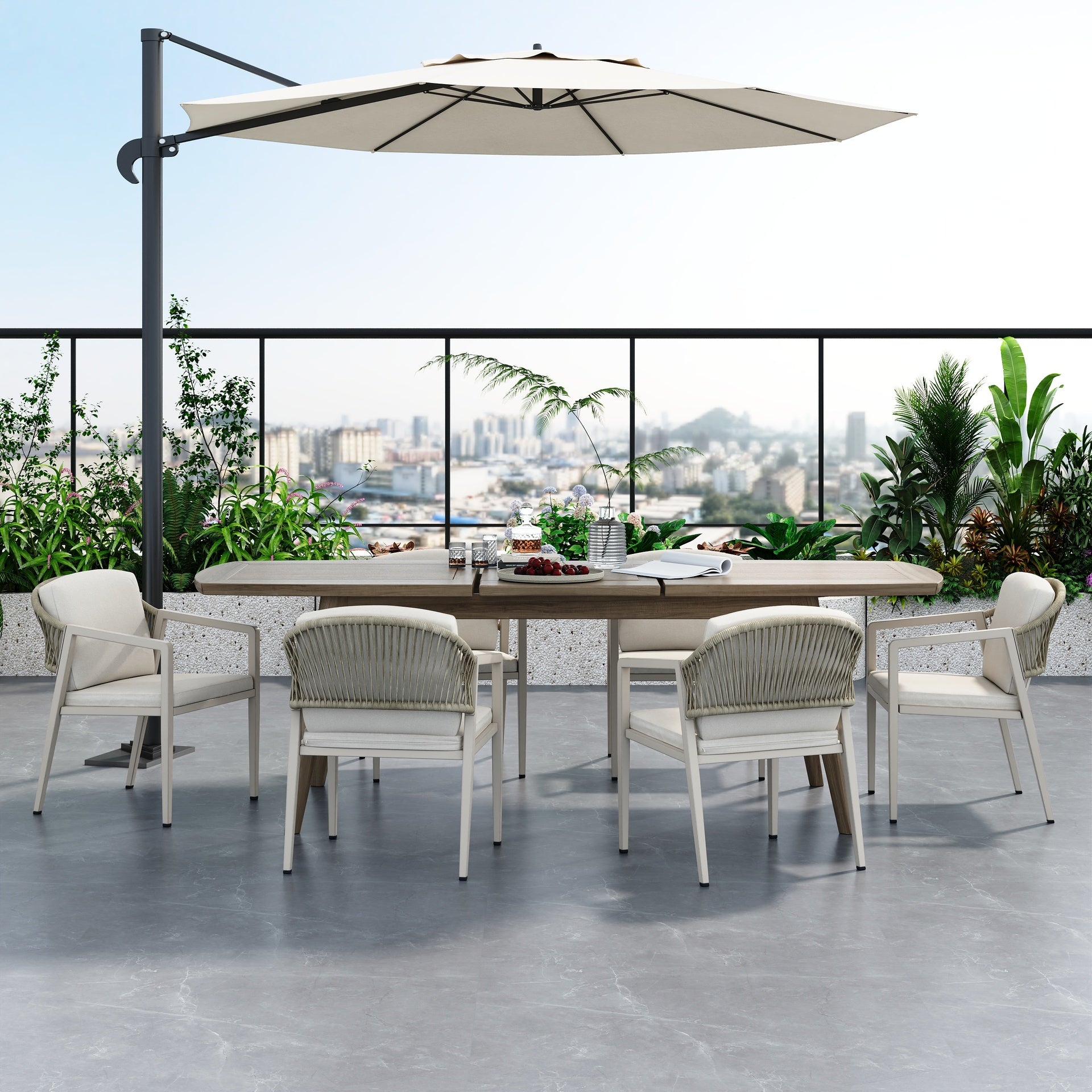 7 pieces Outdoor Dining Set,Dining Chair (Set of 6)+Acacia Wood Expandable Dining Table,Gray