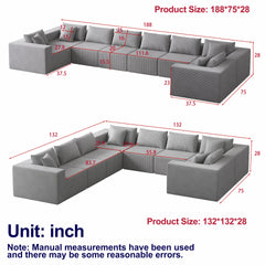 188-Inch Corduroy  Modular L Shaped Sectional Sofa,Luxury Floor Couch Set,Upholstered Indoor Furniture,Foam-Filled Compressed Sofa for Living Room,Bedroom,8 PC Free Combination