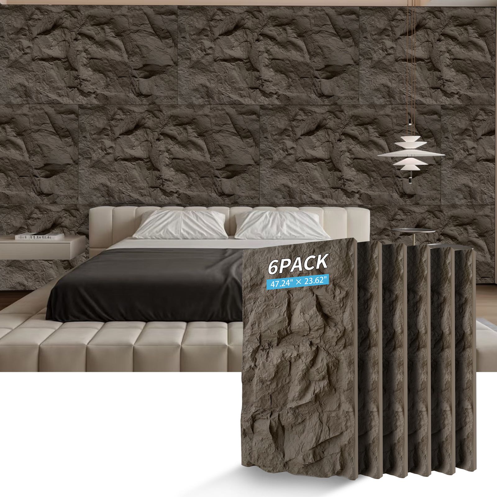 3D Faux Stone Wall Panels, 6 PCS PU Wainscoting Panel for Interior Wall Decor, Flame-resistant & Lightweight & Waterproof, for TV Wall, Office, Living Room, 47.24" × 23.62"(Rock Stone)(Carbon Black)