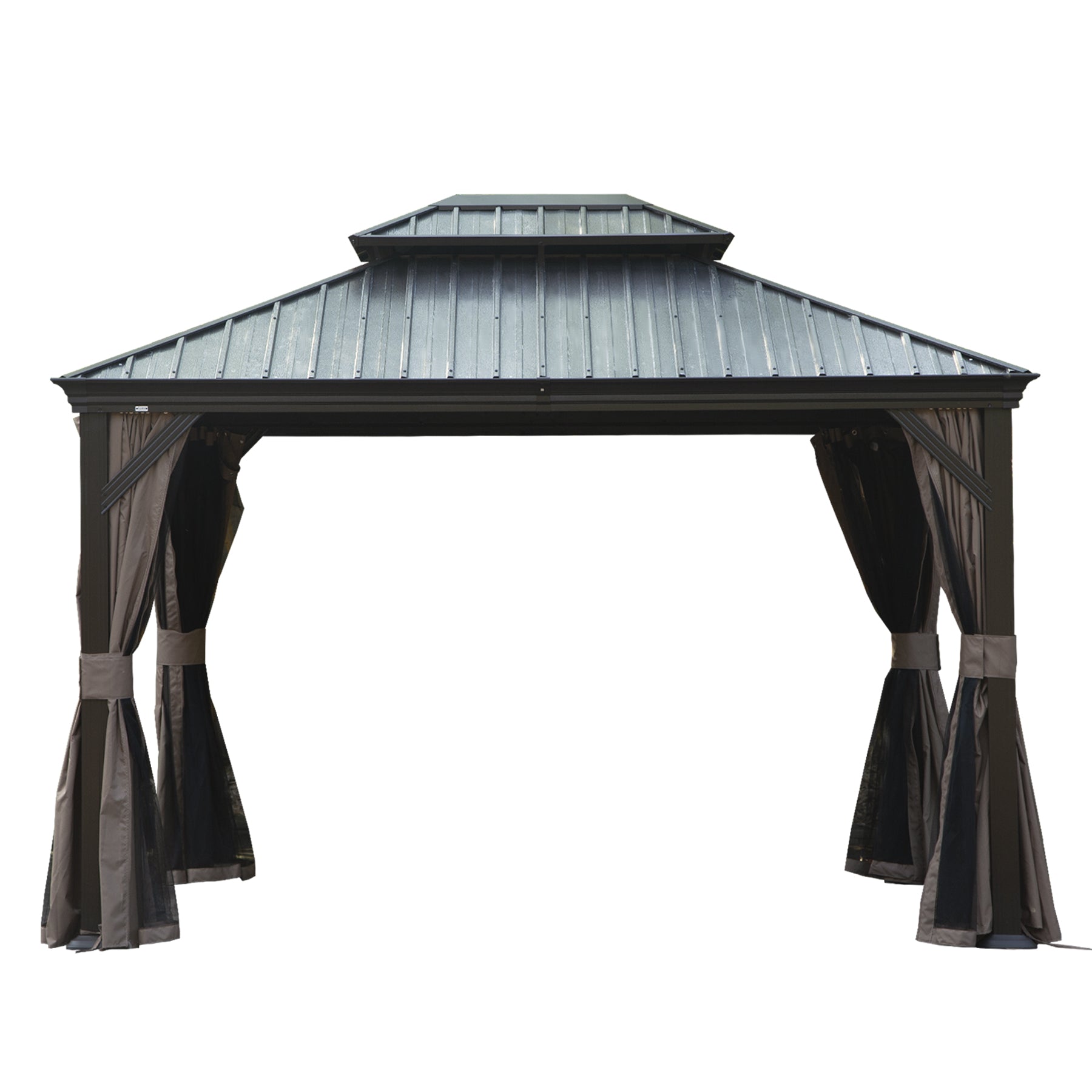 10' X 12' Hardtop Gazebo, Upgraded Metal Gazebo with Drainage System, Dual-Layer Galvanized Steel Roof, Curtain and Netting, Outdoor Shelter Canopy for Patio, Garden, and Backyard, Brown