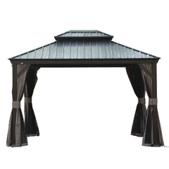 10' X 12' Hardtop Gazebo, Upgraded Metal Gazebo with Drainage System, Dual-Layer Galvanized Steel Roof, Curtain and Netting, Outdoor Shelter Canopy for Patio, Garden, and Backyard, Brown