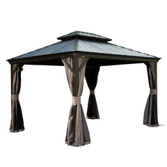 10' X 12' Hardtop Gazebo, Upgraded Metal Gazebo with Drainage System, Dual-Layer Galvanized Steel Roof, Curtain and Netting, Outdoor Shelter Canopy for Patio, Garden, and Backyard, Brown