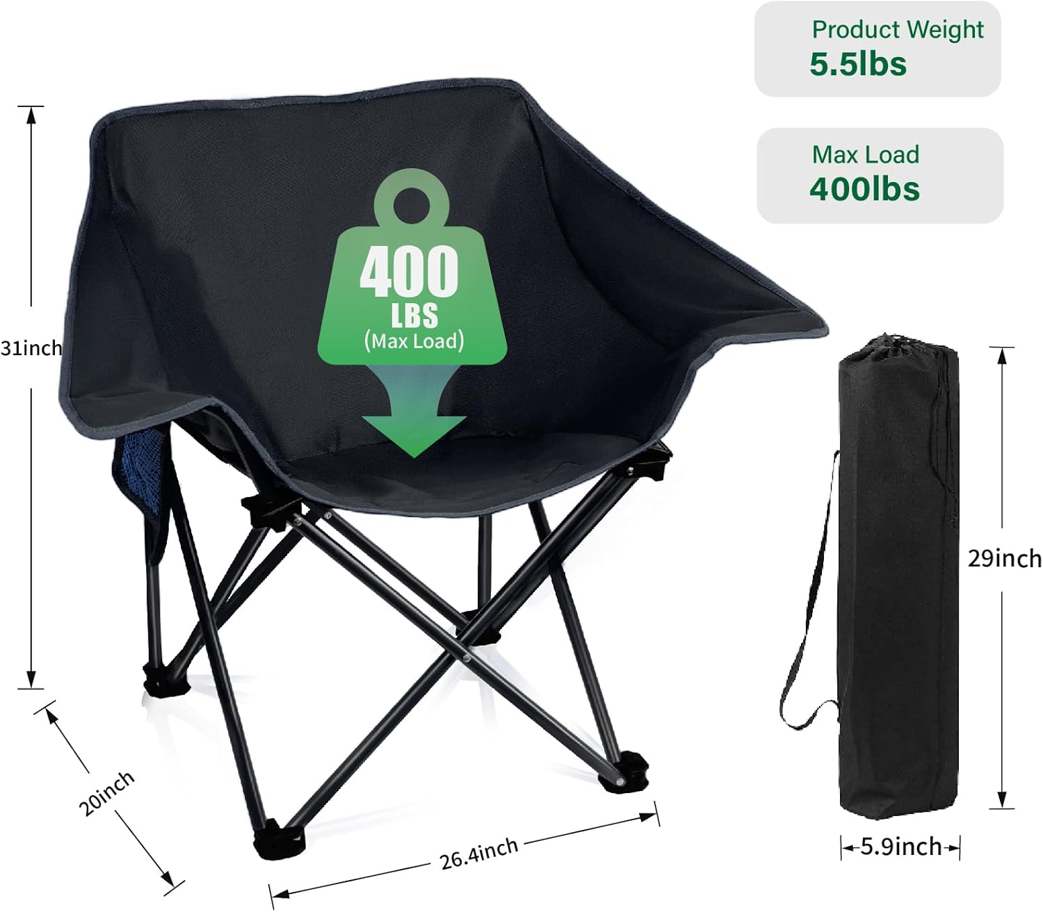4 Pack Portable Camping Chair Compact Collapsible Outdoor Folding Sports Chairs for Adults Heavy Duty Camp Sporting Events Park Lawn 400 Lbs Black Black