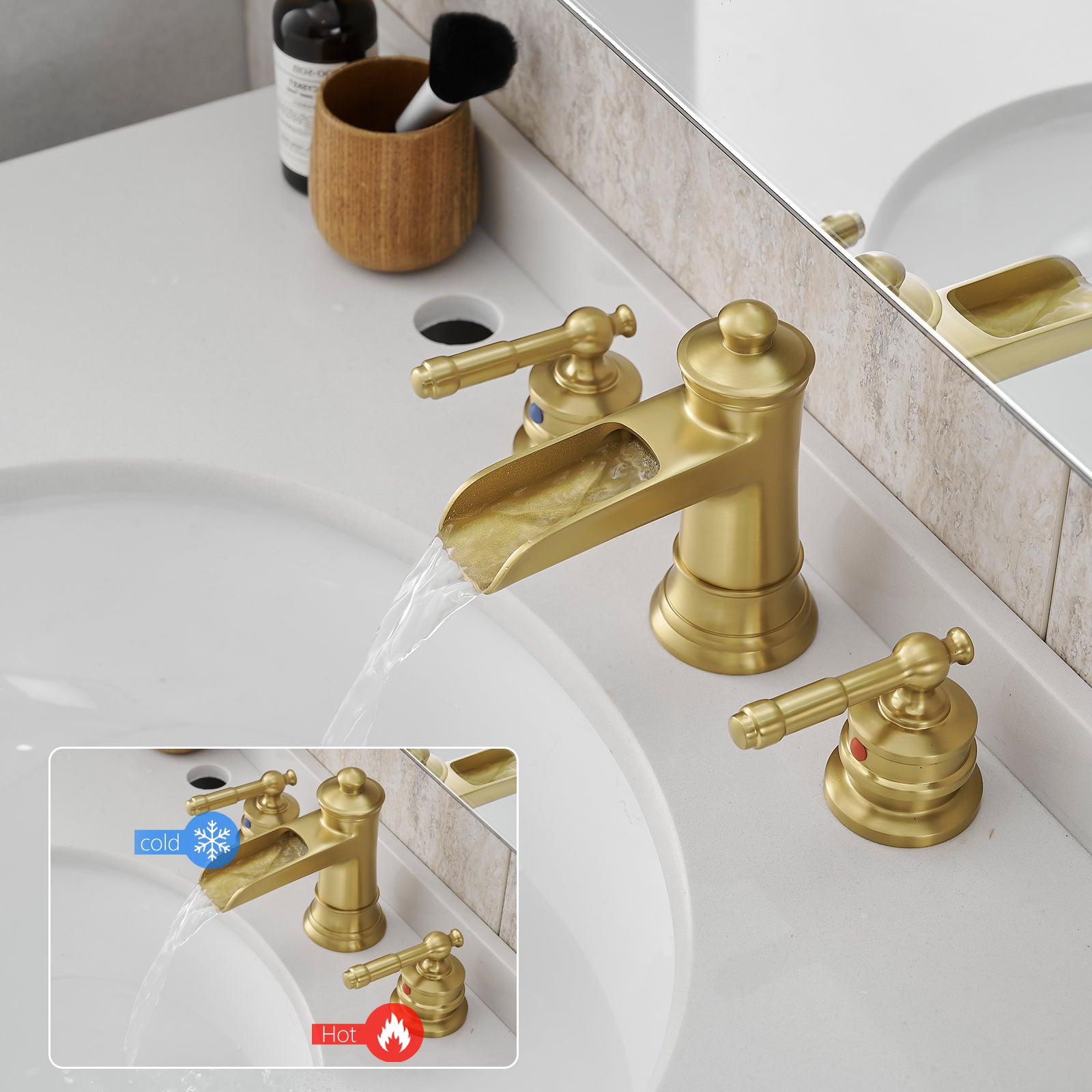 Bathroom Faucets for Sink 3 Hole Nickel Gold 8 inch Widespread Bathroom Sink Faucet with Pop Up Drain Double Lever Handle Faucet Bathroom Vanity Faucet Basin Mixer Tap Faucet with Hose