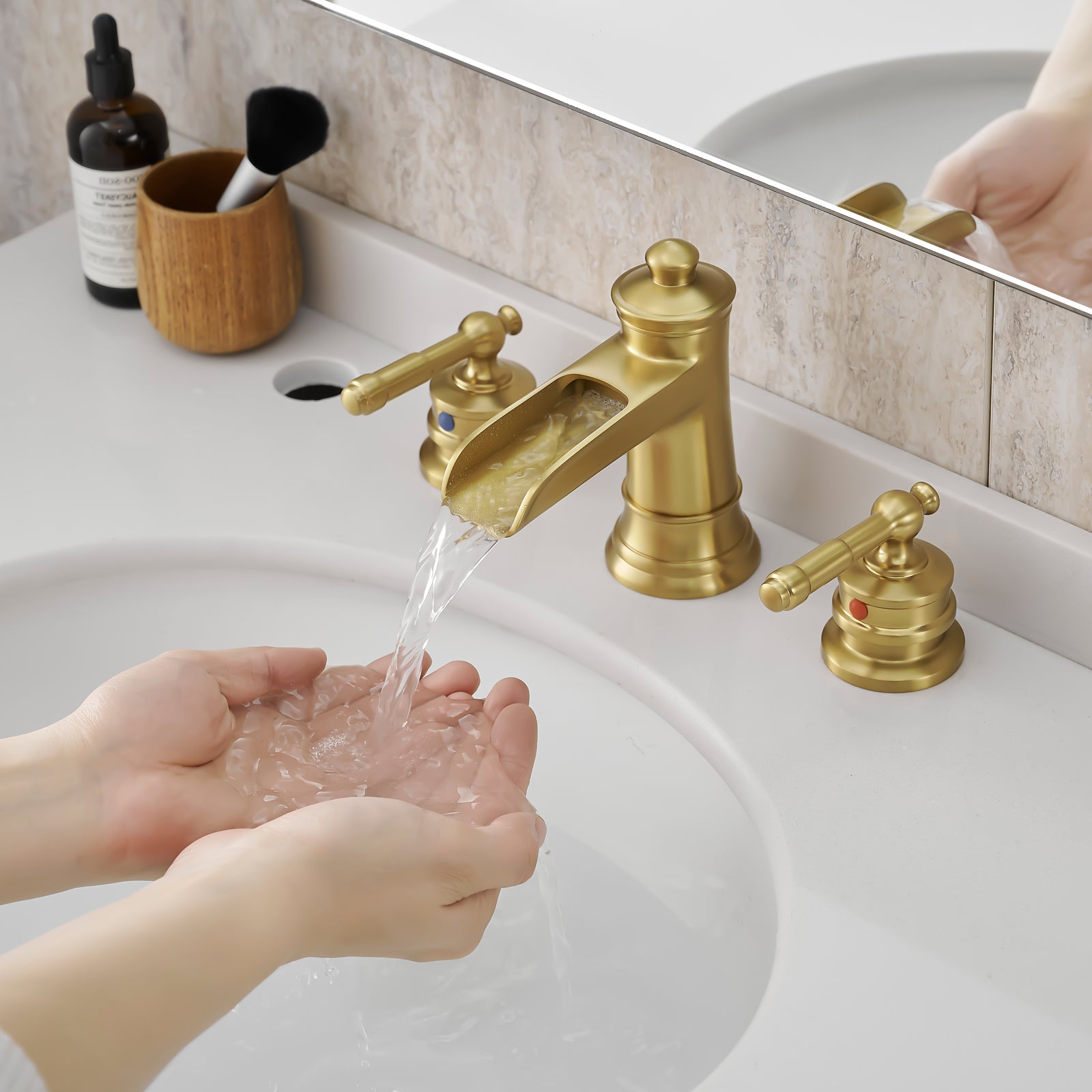 Bathroom Faucets for Sink 3 Hole Nickel Gold 8 inch Widespread Bathroom Sink Faucet with Pop Up Drain Double Lever Handle Faucet Bathroom Vanity Faucet Basin Mixer Tap Faucet with Hose