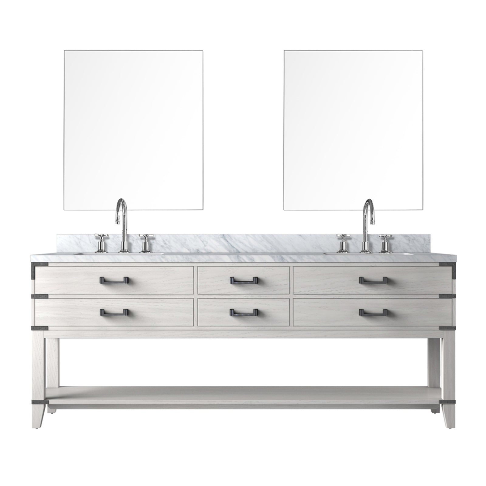 White Oak Double Bath Vanity 84 in. W x 22 in. D, Carrara Marble Top, Faucet Set, and 36 in. Mirrors