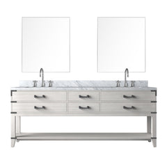 White Oak Double Bath Vanity 84 in. W x 22 in. D, Carrara Marble Top, Faucet Set, and 36 in. Mirrors