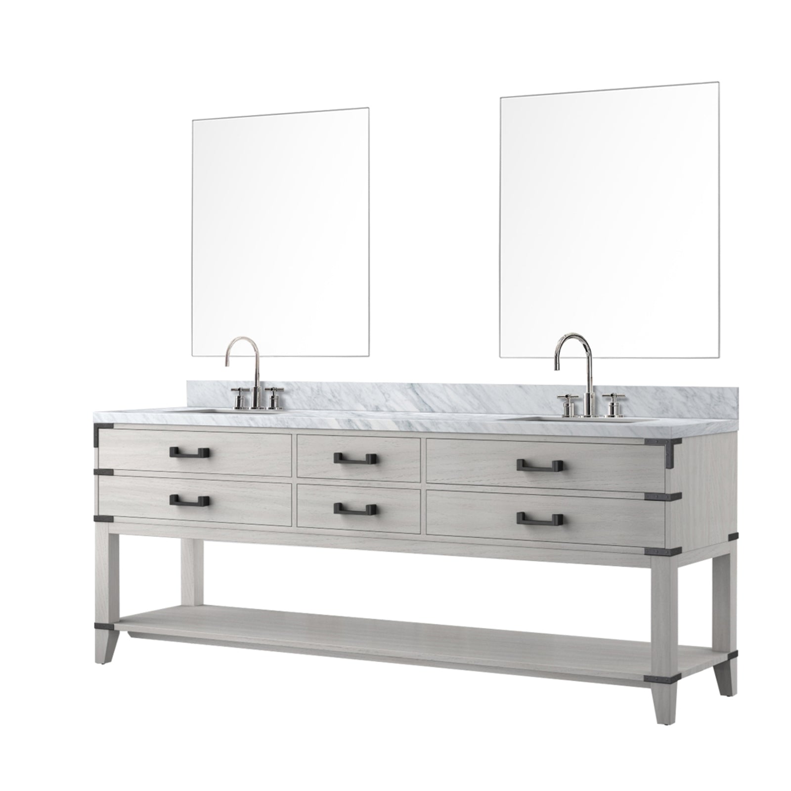 White Oak Double Bath Vanity 84 in. W x 22 in. D, Carrara Marble Top, Faucet Set, and 36 in. Mirrors