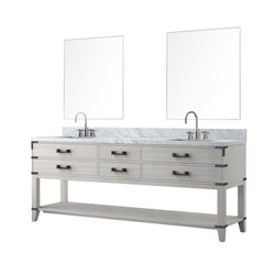 White Oak Double Bath Vanity 84 in. W x 22 in. D, Carrara Marble Top, Faucet Set, and 36 in. Mirrors