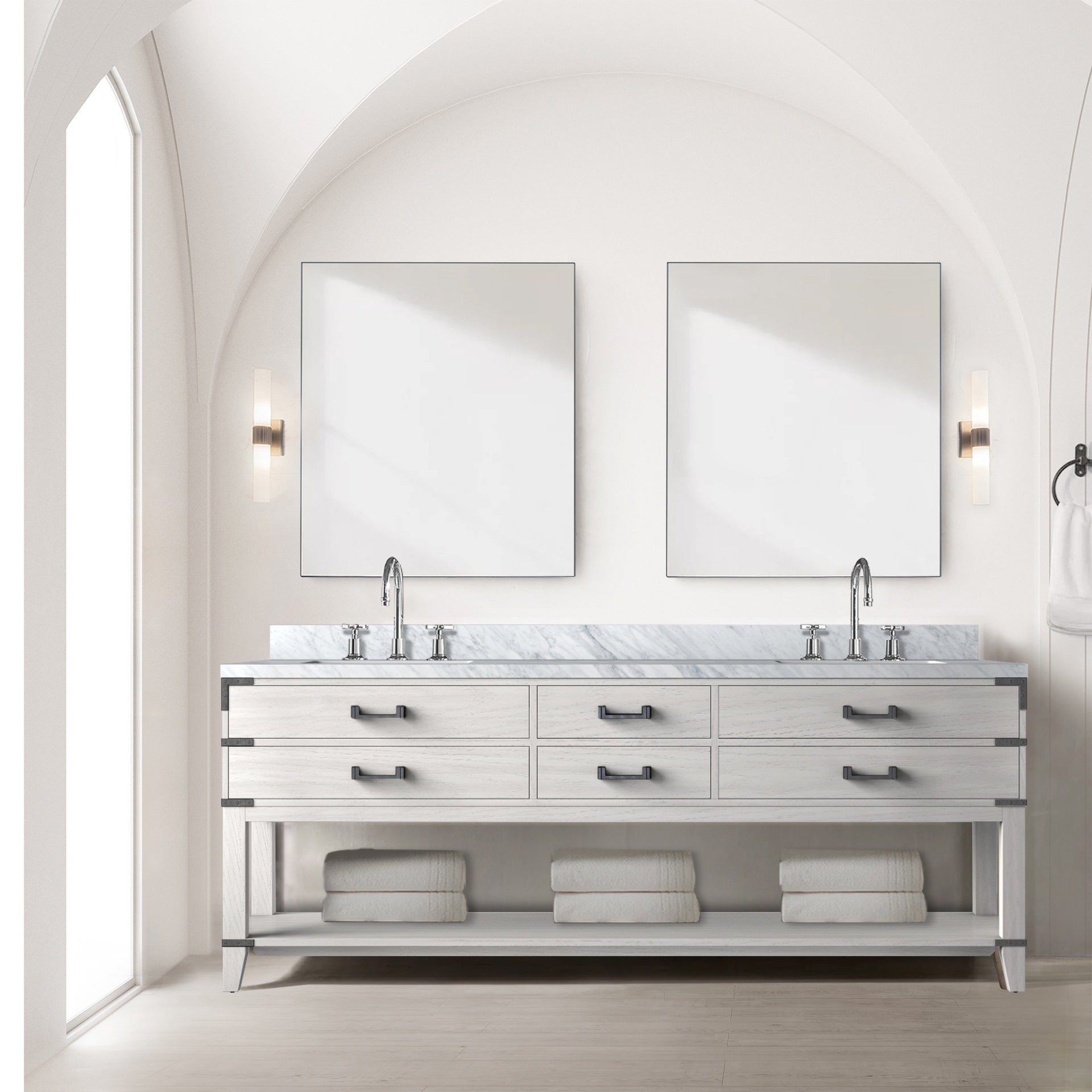 White Oak Double Bath Vanity 84 in. W x 22 in. D, Carrara Marble Top, Faucet Set, and 36 in. Mirrors