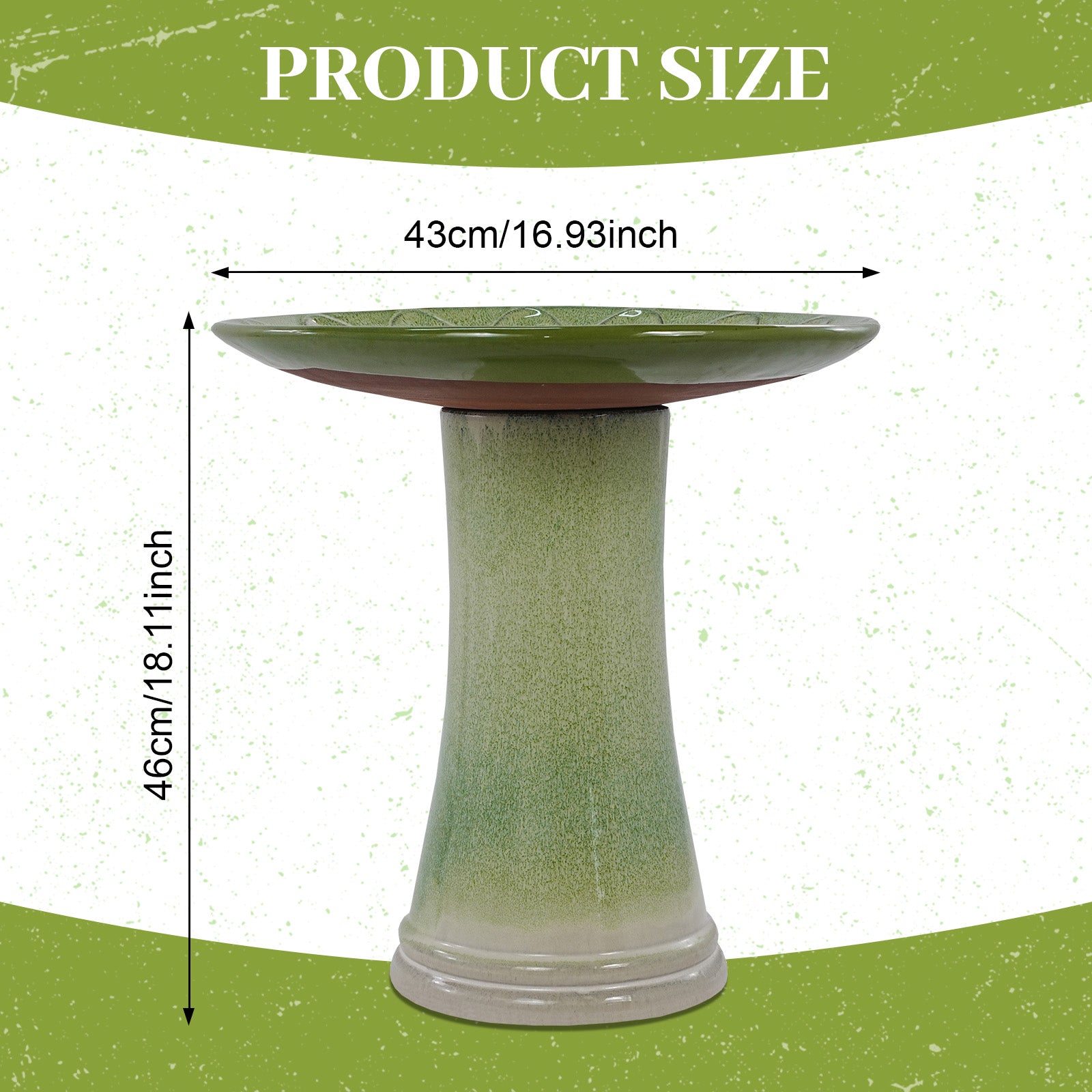 Handmade Green Gradient Glaze Ceramic Bird Bath, 16.93 inch Diameter 18.11 inch Height, Outdoor Garden for Birds Bathing & Feeding, Lightweight & Weather-Resistant