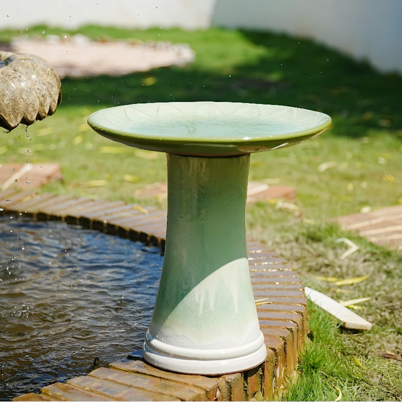 Handmade Green Gradient Glaze Ceramic Bird Bath, 16.93 inch Diameter 18.11 inch Height, Outdoor Garden for Birds Bathing & Feeding, Lightweight & Weather-Resistant
