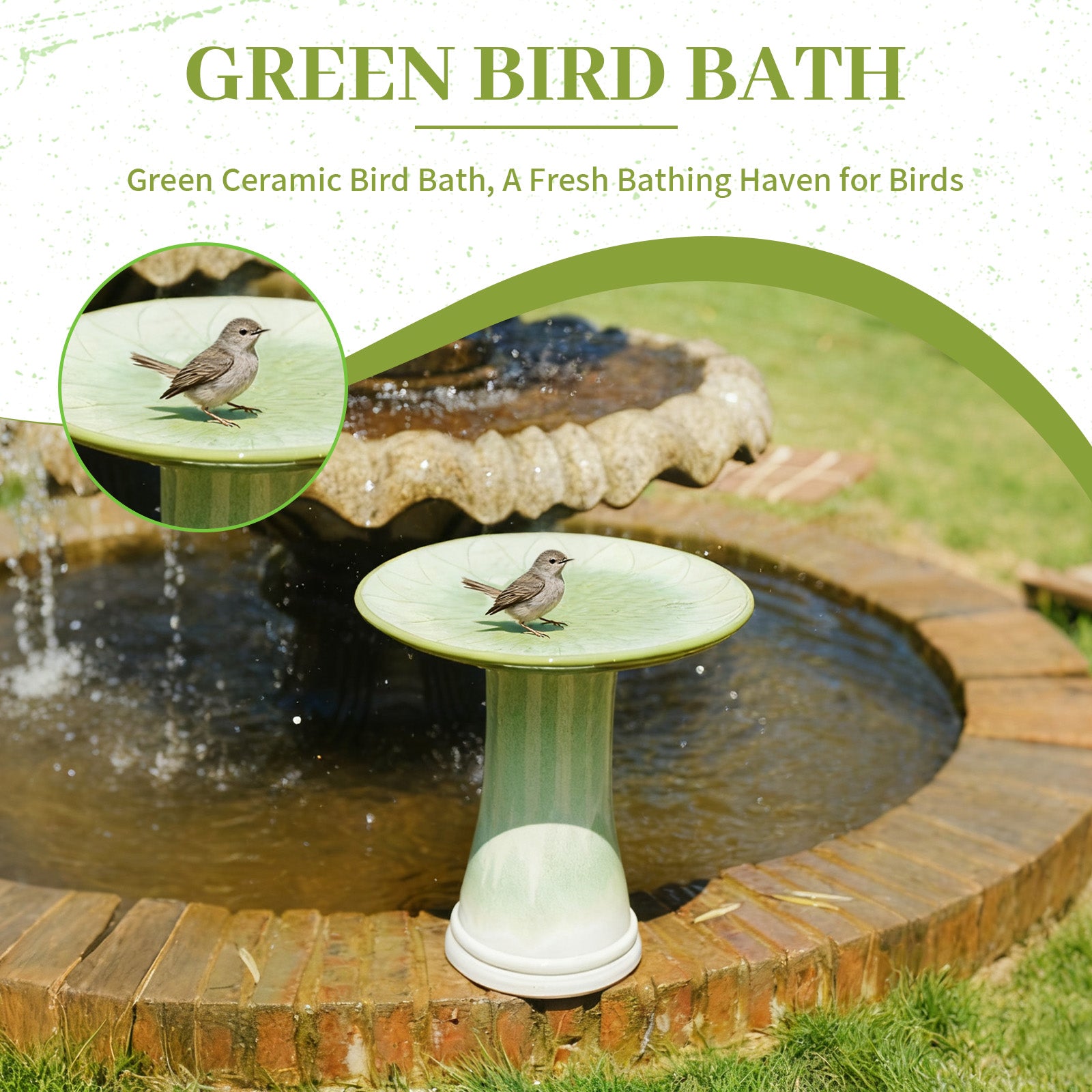 Handmade Green Gradient Glaze Ceramic Bird Bath, 16.93 inch Diameter 18.11 inch Height, Outdoor Garden for Birds Bathing & Feeding, Lightweight & Weather-Resistant