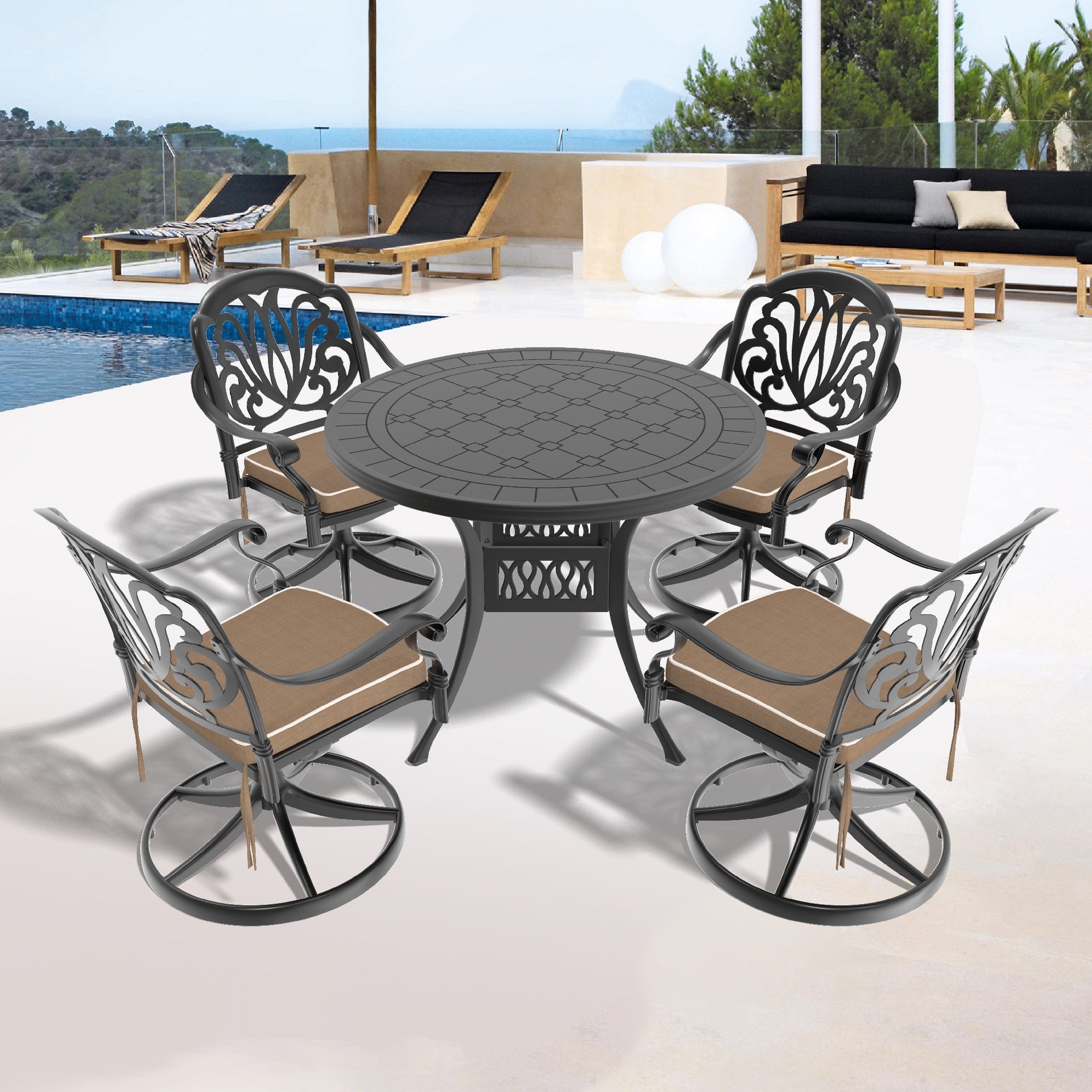 5-Piece All-Weather Cast Aluminum Dining Set, Include 4 Swivel Chairs and 39.37" Round Table With Black Frame (same sku: W1710S00437 )