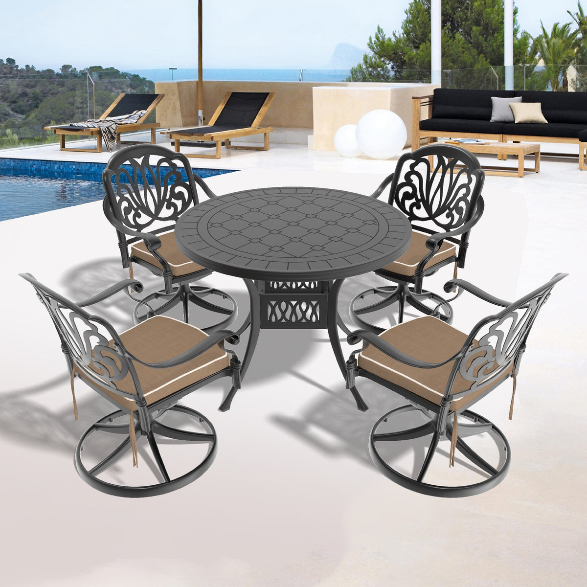 5-Piece All-Weather Cast Aluminum Dining Set, Include 4 Swivel Chairs and 39.37" Round Table With Black Frame (same sku: W1710S00437 )