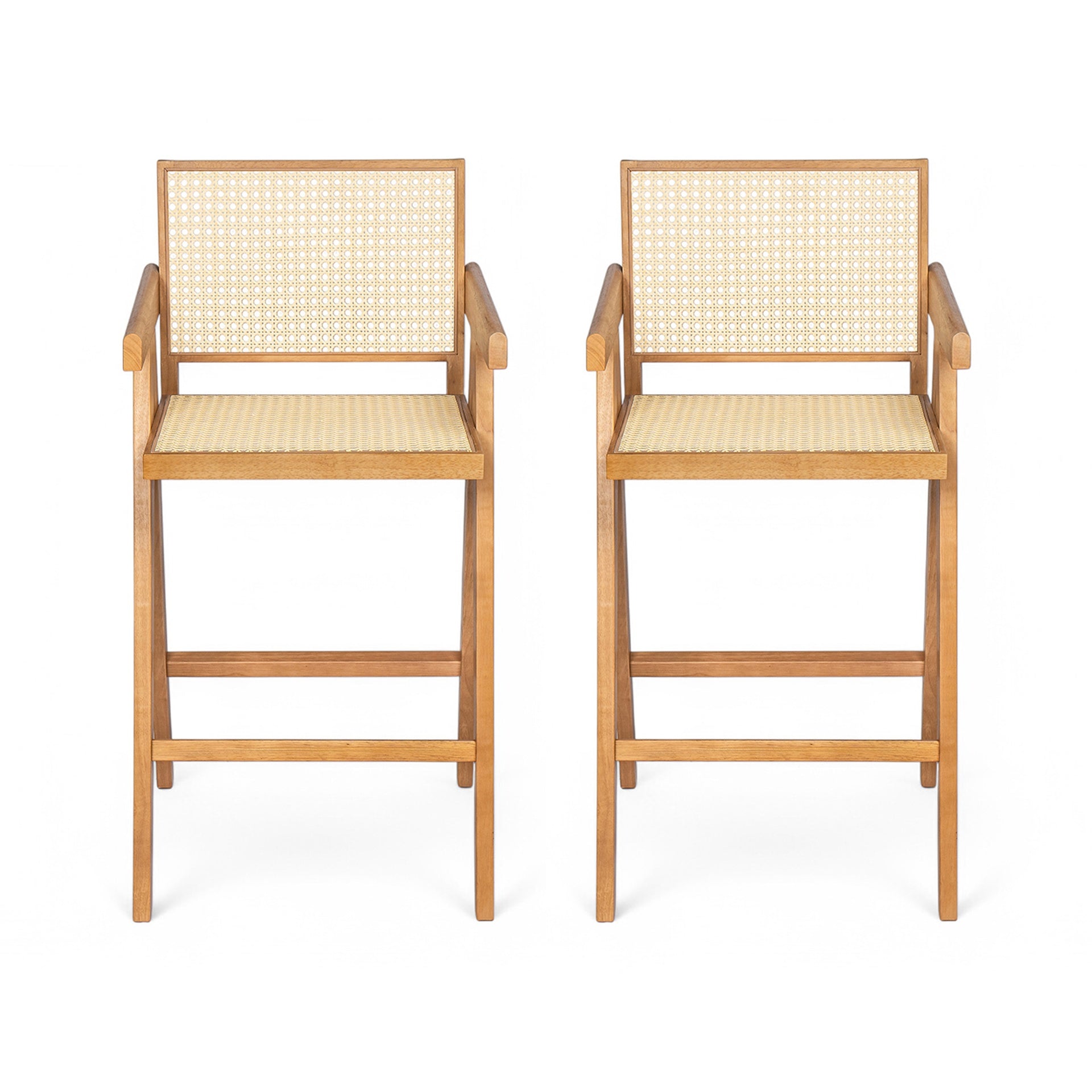 27'', Modern Minimalist Bar Stool with Cane Seat, Solid Wood Frame, Natural Finish