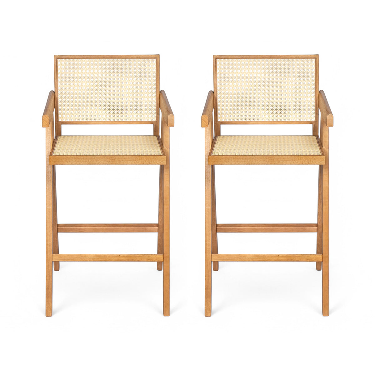 27'', Modern Minimalist Bar Stool with Cane Seat, Solid Wood Frame, Natural Finish