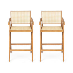 27'', Modern Minimalist Bar Stool with Cane Seat, Solid Wood Frame, Natural Finish