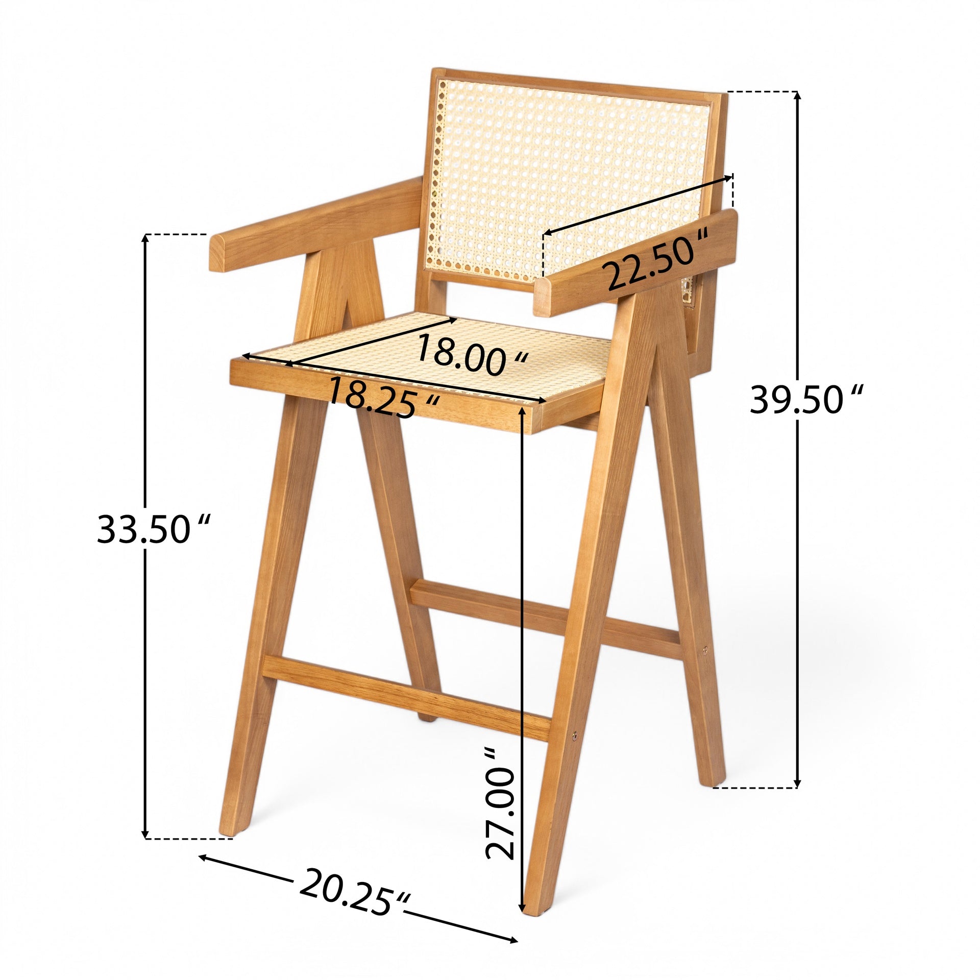 27'', Modern Minimalist Bar Stool with Cane Seat, Solid Wood Frame, Natural Finish