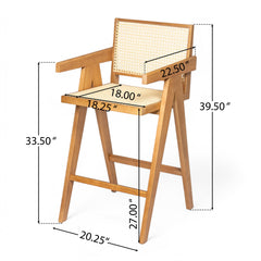 27'', Modern Minimalist Bar Stool with Cane Seat, Solid Wood Frame, Natural Finish