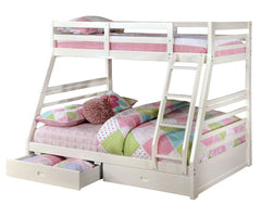Twin Over Full Bunk Bed Modern Transitional Style Include Two Large Drawers for Under Bed Storage And Attached Ladder White