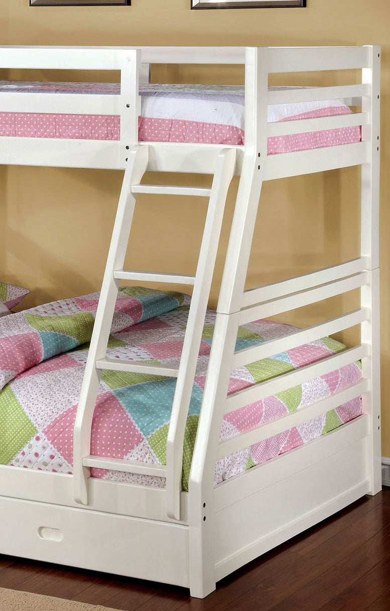 Twin Over Full Bunk Bed Modern Transitional Style Include Two Large Drawers for Under Bed Storage And Attached Ladder White